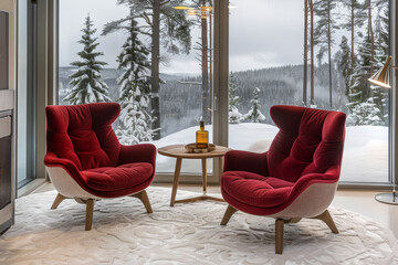 A cozy winter nook with two red armchairs, a wooden table, and a large window showcasing a snowy landscape, perfect for a relaxing retreat.