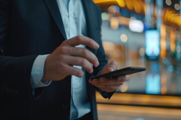 Wall Mural - A businessman holds his cell phone, a common scene in modern life