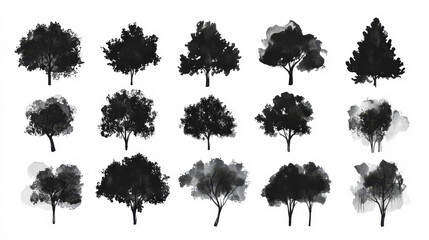 Wall Mural - Trendy set of black silhouettes of trees on a white background, made with ink, rough brushstrokes. Generative AI