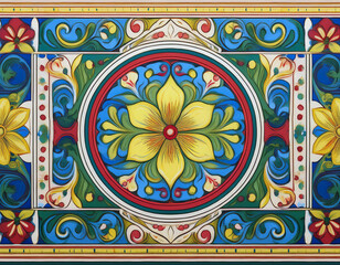 Floral Medallion in Blues, Reds, Yellow in Sicilian Tradition AI