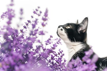 Poster - A black and white cat sitting among purple flowers, a beautiful scene of nature and companionship