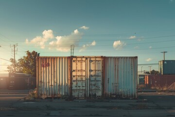 Poster - Abandoned shipping container sitting on the roadside, perfect for use in urban or industrial-themed projects