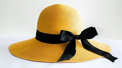 Add a touch of elegance to your summer style with a women’s yellow straw hat adorned with a chic black ribbon, set against a crisp white background.