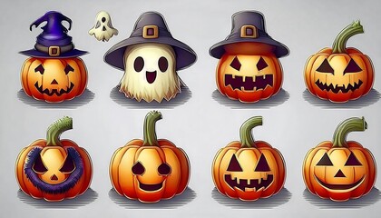 Wall Mural - Pixelated Spooky Halloween Icons Set - collection of 16-bit pixel art Halloween game assets - pumpkin, hats. Game design assets. Graphic art 8 bit illustration isolated