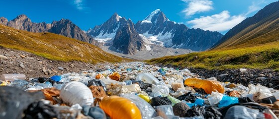 plastic pollution in pristine mountain valley - environmental impact, littered landscape, mountain range, sky, clouds, waste, trash, garbage.