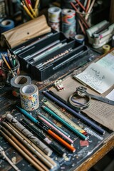 Sticker - A cluttered desk with multiple pens and pencils organized