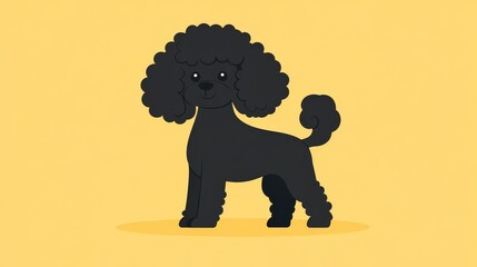 Wall Mural - A cute, cartoon-style black poodle with curly fur standing against a yellow background.