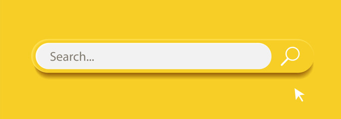 3d search bar Internet browser engine on yellow background for UI design, website interface element with web icons and push button vector