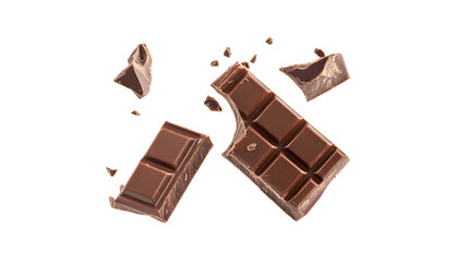 Set of Chocolate bar wafer falling with choc flake in the air isolated on transparent background