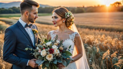 Canvas Print - couple in wedding attire with a bouquet of flowers.