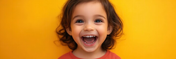 Aufkleber - A joyful young child with curly hair smiles widely, showcasing happiness and exuberance in a bright environment. Generative AI