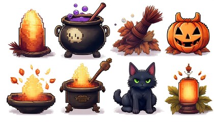 Wall Mural - Pixelated Witchy Halloween Assets - 16-bit pixel art set of witch-themed Halloween game assets - witch cauldron, cat, pumpkin. Game design assets. Graphic art 8 bit illustration isolated