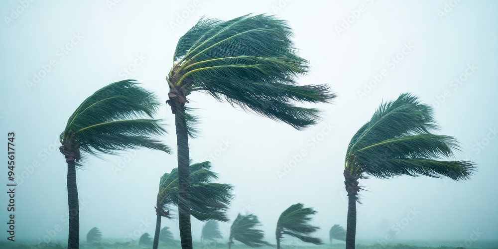 palm trees blowing in strong wind, hurricane weather, tropical storm ...