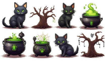 Wall Mural - Pixelated Creepy Creatures and Objects - 16-bit pixel art set of Halloween-themed game assets - cat, cauldron, creepy trees. Game design assets. Graphic art 8 bit illustration isolated