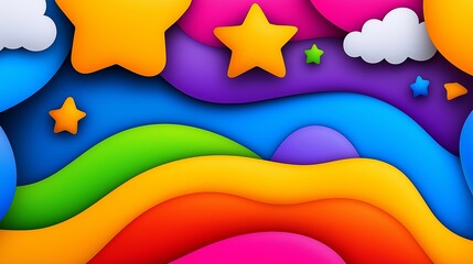 Wall Mural - A colorful, rainbow-colored background with stars and clouds. The stars are scattered throughout the sky, and the clouds are in various sizes and shapes. Scene is playful and whimsical