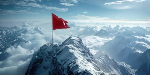 Aufkleber - A red flag on top of a snowy mountain, perfect for adventure or warning scenes