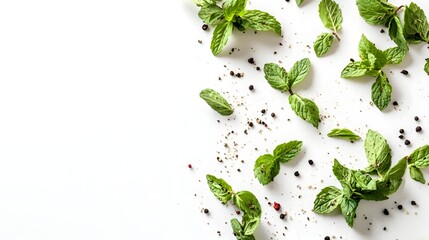 Mint herb ingredient on a white backgroundready for cooking with. A vibrant arrangement of fresh mint le