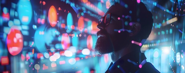 Businessman Surrounded by Holographic Risk Assessment Charts Strategizing Insurance and Financial Foresight