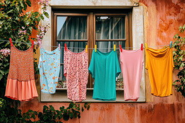 Colorful garments dry on a clothesline outside a charming house