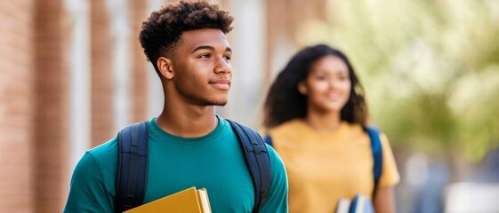 Wall Mural - african american college student walking with backpack and books looking away from camera on campus in front of brick building