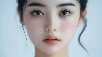 photo of young beautiful asian female model. cl. a close-up portrait of a young woman with captivati