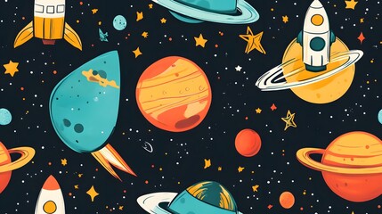 Wall Mural -  Playful outer space theme with planets, rockets, and astronauts on.seamless tiled wallpaper