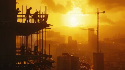 Poster - Group of people standing on top of a tall building, urban landscape
