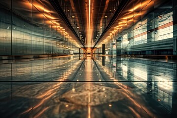 Poster - A long hallway with many glass walls and modern design