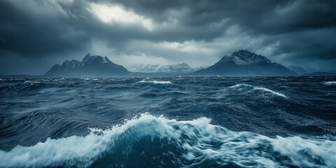 The ocean is rough and choppy, with waves crashing against the shore. The sky is dark and cloudy, creating a moody atmosphere