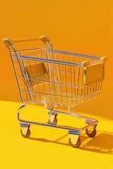 Fototapete - A simple illustration of a shopping cart on a bright yellow background, suitable for use in e-commerce or retail-related contexts