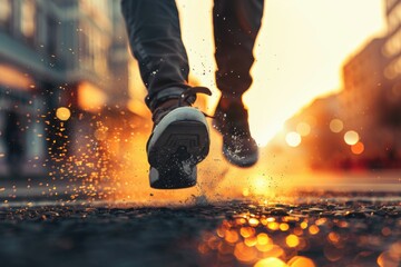 Poster - A person's feet walking across a puddle of water, great for use in travel or outdoor photography scenes