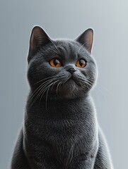 Wall Mural - A close-up of a gray cat with striking orange eyes, looking thoughtfully.