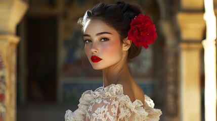 portrait of a young spanish woman in a flamenco. A young woman with a striking red flower in her hair poses elegantly, exuding confidence and beauty i