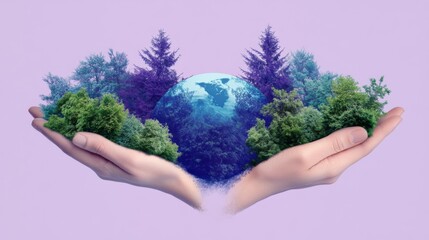 safe earth concept, collage of two hands helping forest ecosystem on purple background