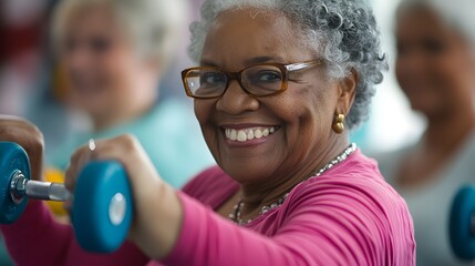 Real world senior life. A cheerful senior woman engages in a fitness class while lifting dumbbells, embodying health and vitality for active aging. 