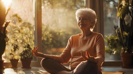 real world senior life. a serene elderly woman practices meditation in a sunlit room surrounded by g