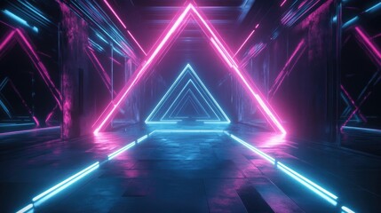 Poster - Dark abstract futuristic backdrop featuring glowing neon lines and geometric shapes in pink and blue hues Abstract neon illumination evokes a night scene