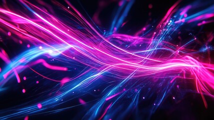 Poster - 3D rendering of an abstract neon wallpaper featuring glowing lines and dynamic trails against a dark backdrop creating a visually striking light drawing effect