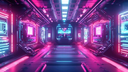 Poster - 3D rendered illustration of an abstract gaming background featuring a sci fi cyberpunk aesthetic with a vibrant neon display showcase