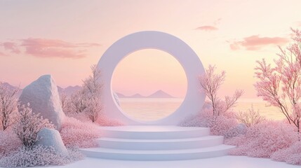 Poster - 3D rendering of a beautiful podium featuring a trendy color design for product display and marketing Includes a soft pastel sky and an enchanting landscape Ideal for a romantic theme