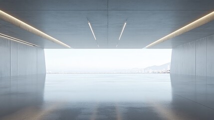 Poster - 3D rendering of contemporary architectural design featuring an unoccupied concrete floor and a backdrop suitable for car exhibitions