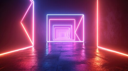 3D rendering of an abstract geometric background featuring glowing square neon frames in a dark setting ideal for performance stage design or modern wallpaper