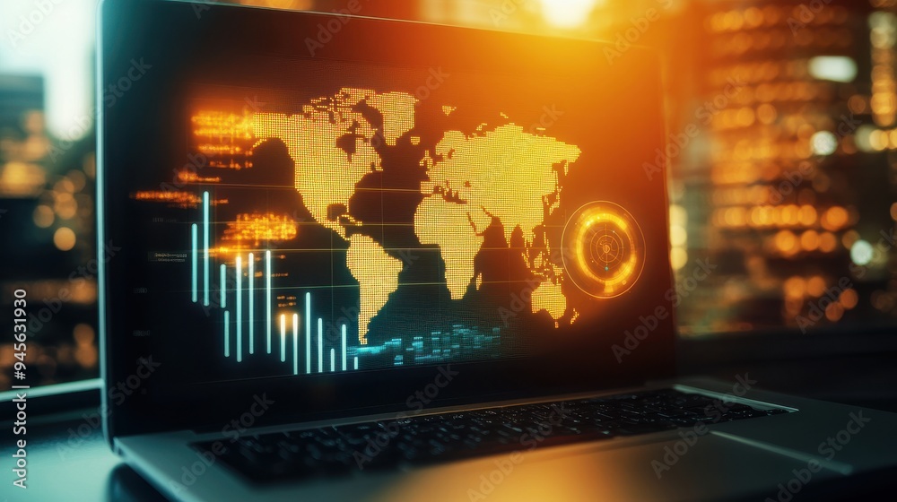 A modern laptop displaying a world map and financial data analysis ...