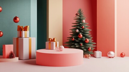 Poster - 3D rendering of an abstract minimalistic scene featuring geometric podium shapes ideal for cosmetic product displays along with festive elements like a Christmas tree and gift box in a studio sett