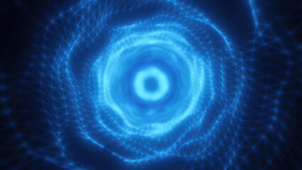 Poster - A glowing blue vortex with geometric wireframe patterns converging toward the center, creating a futuristic and digital abstract tunnel tech sci-fi effect