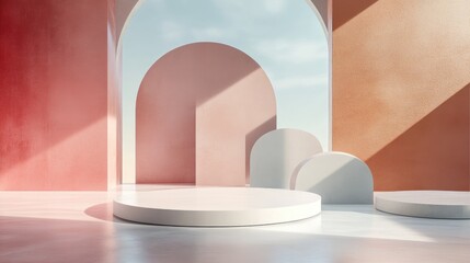 Poster - Abstract background template featuring a minimal scene with geometric walls Studio podium designed for product display in 3D render and illustration