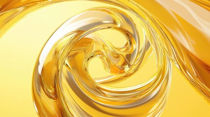 Poster - Abstract circular glass shapes and curves set against a yellow background rendered in 3D Digital illustration created using computer software