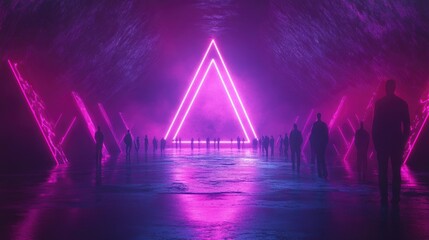 Poster - Abstract dark background featuring an empty scene illuminated by ultraviolet light with neon light figures prominently displayed in the center