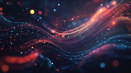 Poster - Abstract digital background featuring dynamic particles Flow of information space Visualization of large data sets in 3D