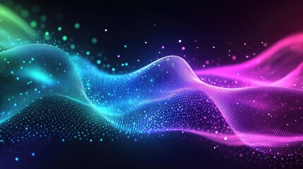 Poster - Abstract flowing gradient of blue and green with particles creating a wavy geometric background Digital futuristic design featuring purple and pink dotted waves suitable for science or music covers